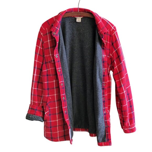 Duluth Free Swingin' Red Plaid Fleece Lined Snap Front Shirt Jacket Shacket Sz L - Picture 5 of 12